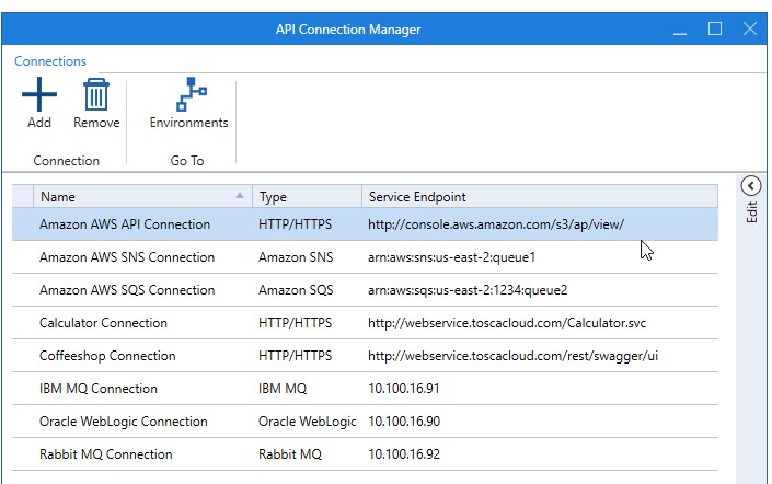 Tosca API Connection Manager with environment-specific URLs, authentication tokens, and certificates configured for Dev and QA