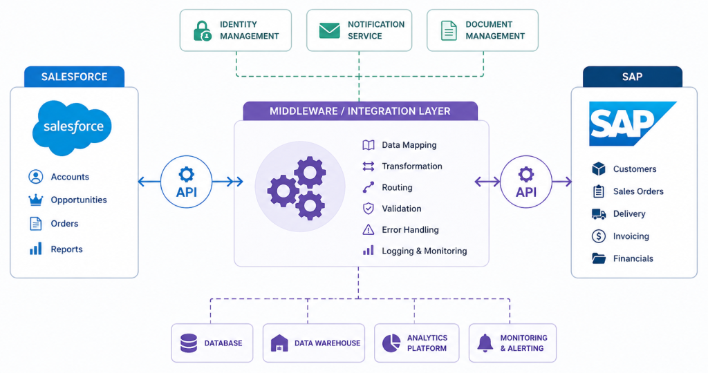 API communication between Salesforce, SAP, and middleware in an enterprise workflow