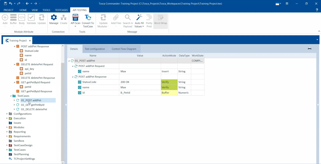 Tosca test case showing dynamic buffer capturing a runtime access token for use in downstream API calls